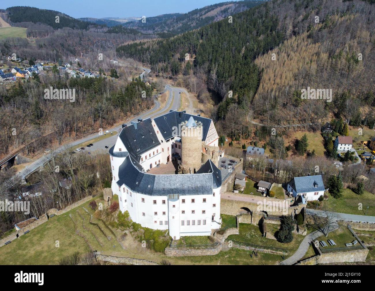 Burg Scharfenstein im Erzgebirge von oben Stockfoto
