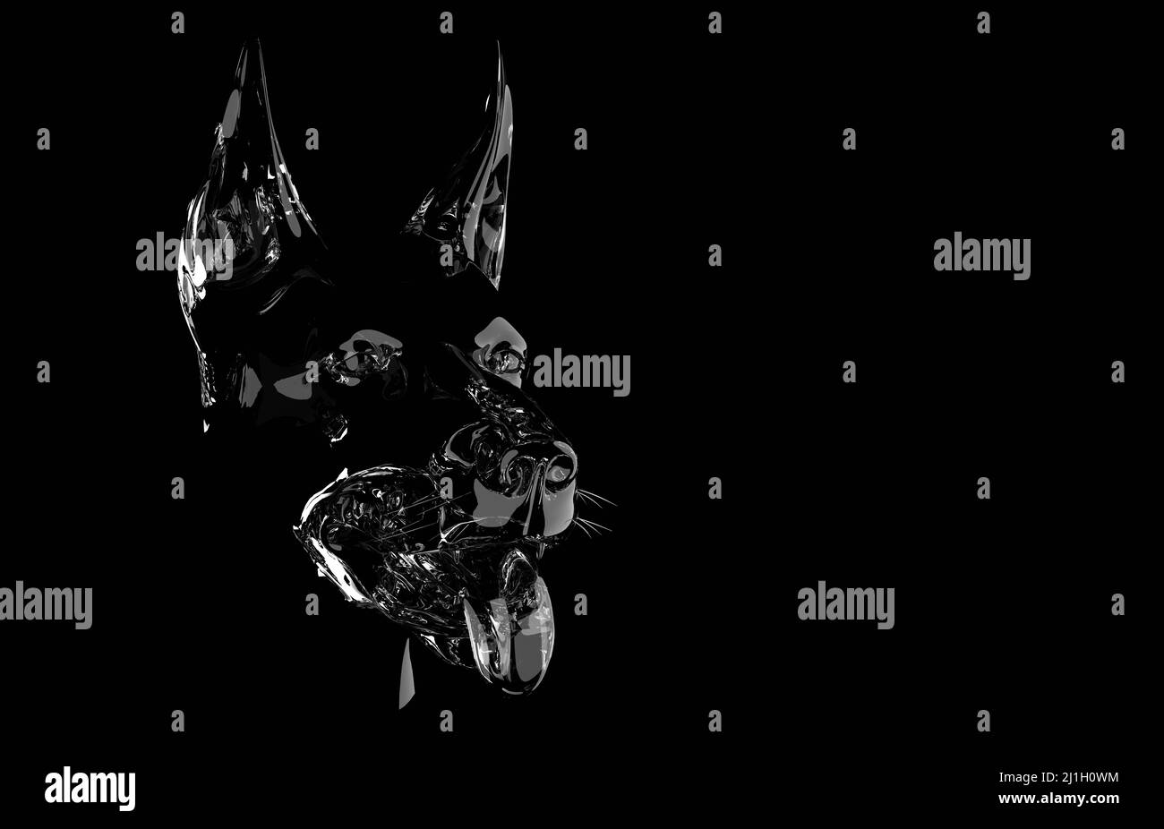 Abstract Dobermann Kopf in 3D Render. Haustiere, Hundeliebhaber, Tier-Design-Element isoliert auf schwarzem Hintergrund. Gehobenes Tierdesi im wilden Stil Stockfoto