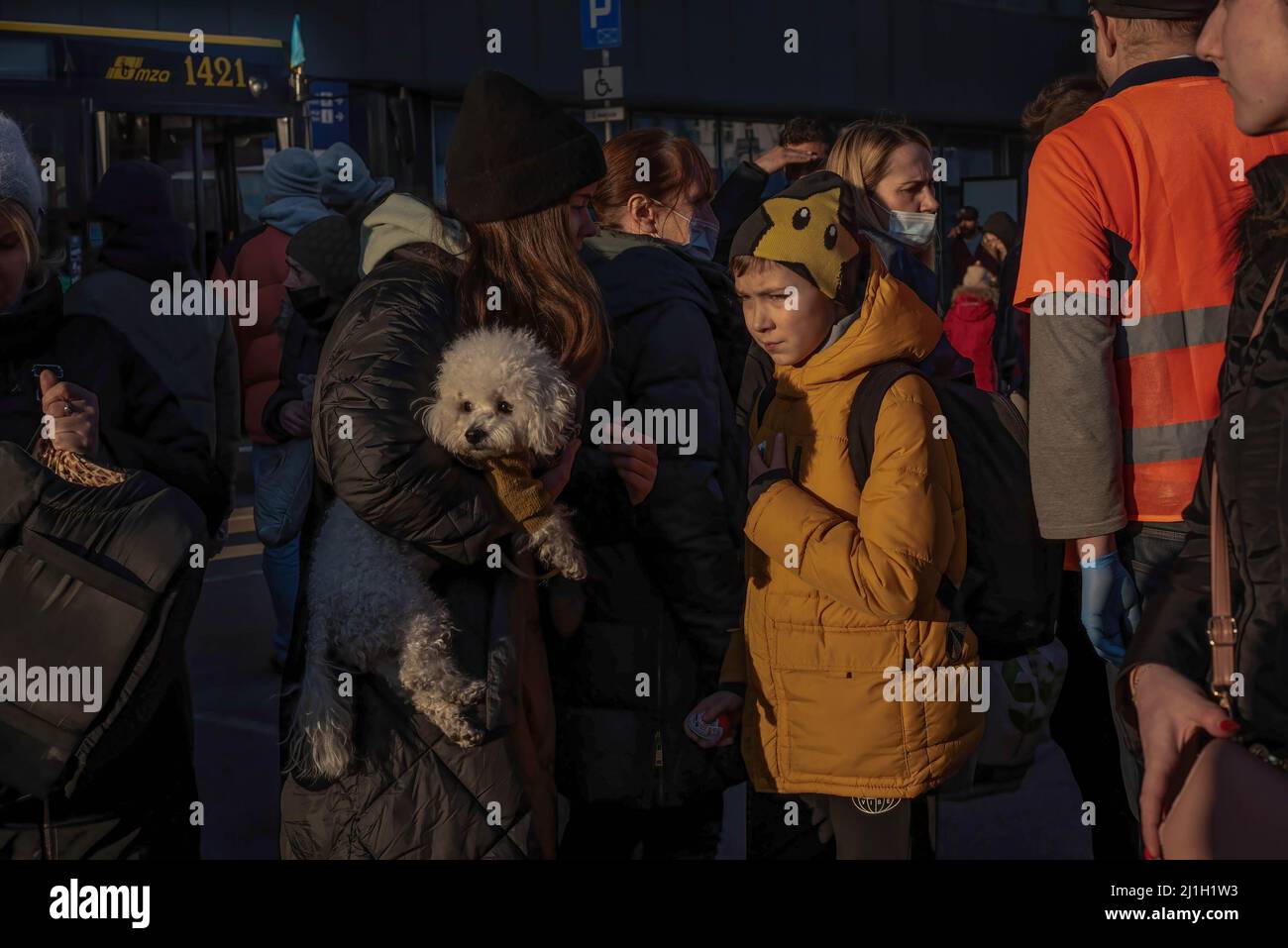 Eine Gruppe von Menschen, die vor dem Warschauer Hauptbahnhof gesehen wurden. Als Hauptzugangsstelle nach Polen empfängt der Hauptbahnhof von Przemy?l in der Nähe der Grenze zu Medyka eine große Anzahl von Flüchtlingen, die mit dem Bus nach Warschau und Krakau mit dem Zug kommen. Jeden Tag bieten Freiwillige Hilfe und Essen. Stockfoto