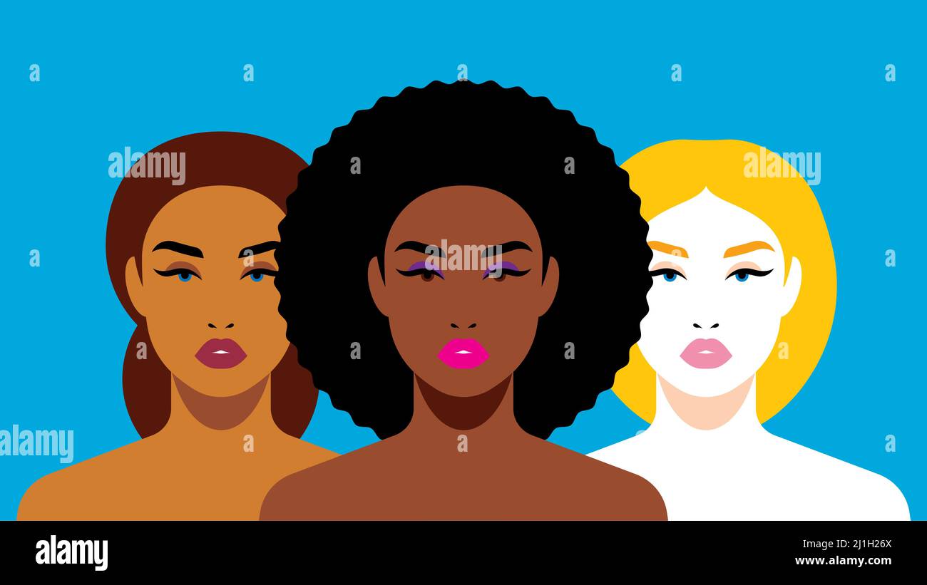 Multiethnische Schönheit. Unterschiedliche ethnische Zugehörigkeit Frauen: Afrikanische, europäische, lateinamerikanische. Frauen unterschiedlicher Nationalitäten und Kulturen. Der Kampf um Rechte Stock Vektor