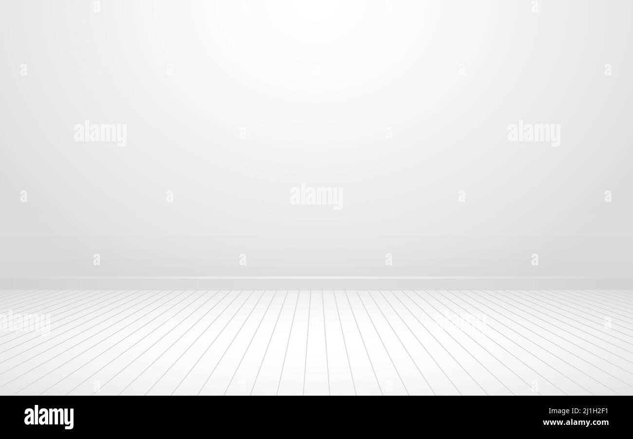 Wand- und Bodenhintergrund. Leeres weißes Studio. Moderne Einrichtung mit Holzfußboden. Saubere Zimmermockup. Leere Wohnraumvorlage. Vektor Stock Vektor