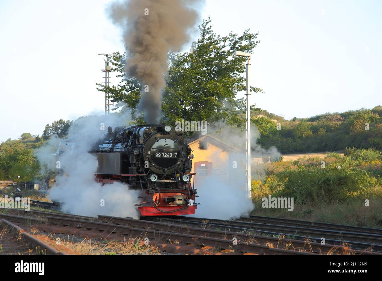 Dampflokomotive am Bahnhof in Gernrode im Harz, Sachsen-Anhalt, Deutschland Stockfoto
