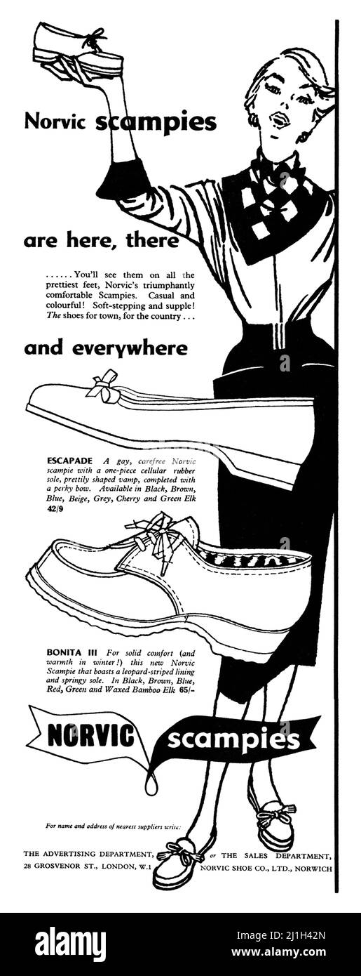 1953 britische Werbung für Norvic Scampies Damenschuhe. Stockfoto