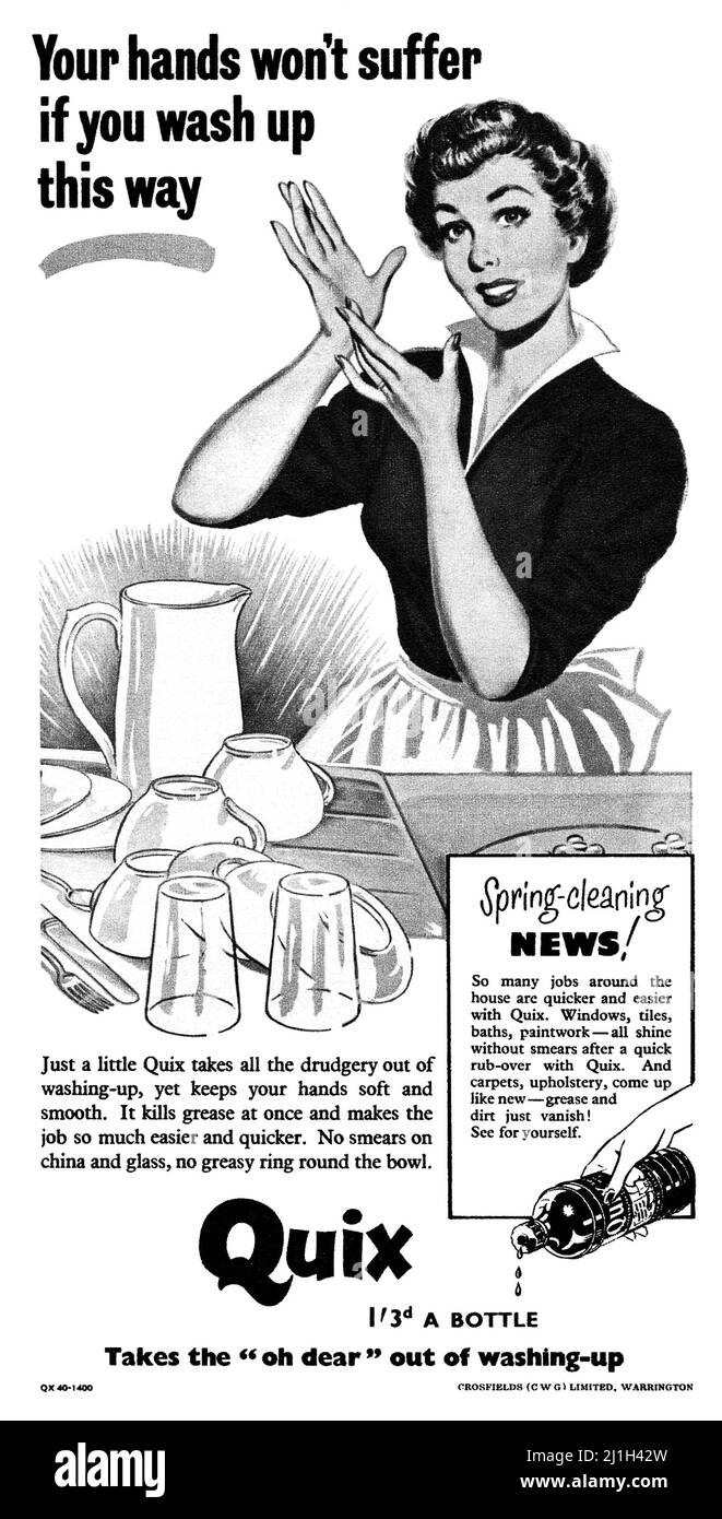 1953 Britische Werbung für Quix Spülmittel. Stockfoto
