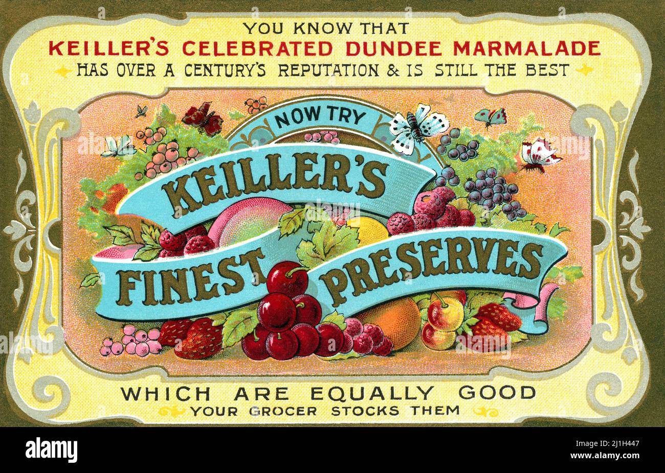 Vintage Edwardian Ära Werbepostkarte für Keiller's Marmeladen und Konserven. Stockfoto