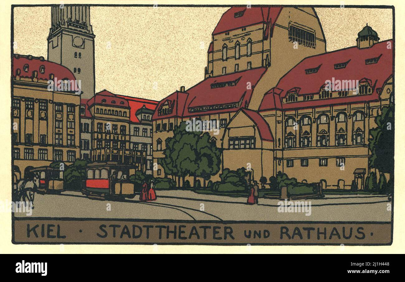 Alte Postkarte des Kieler rathauses und des Opernhauses. Stockfoto