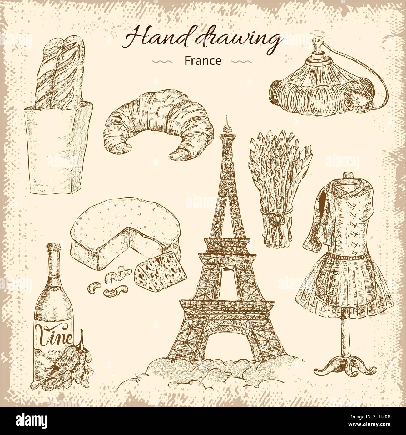 Handgezeichnetes paris-Deko-Icon-Set mit verschiedenen französischen Snacks Wein Kleidung und eiffelturm Bilder Vektor-Illustration Stock Vektor
