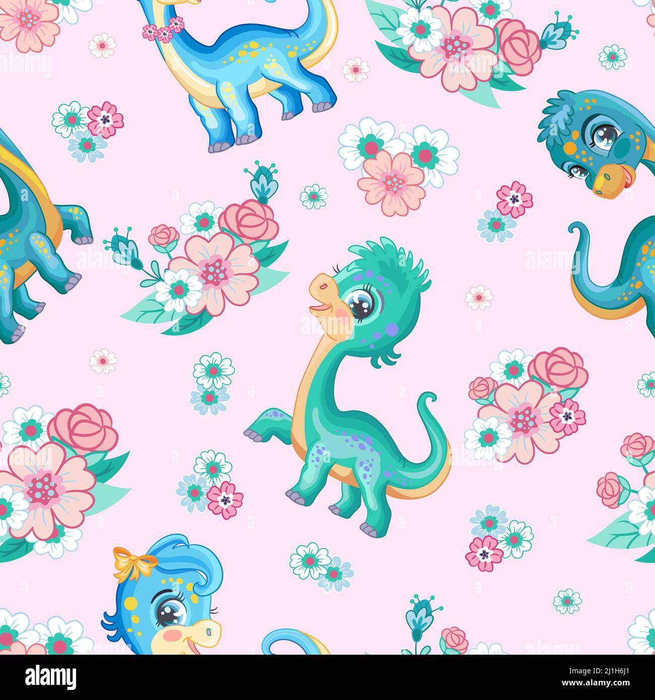 Tropisches nahtloses Muster mit niedlichen freundlichen Diplodocus und Blumen isoliert auf rosa Hintergrund. Cartoon-Vektorgrafik. Für Druck, Design Stock Vektor