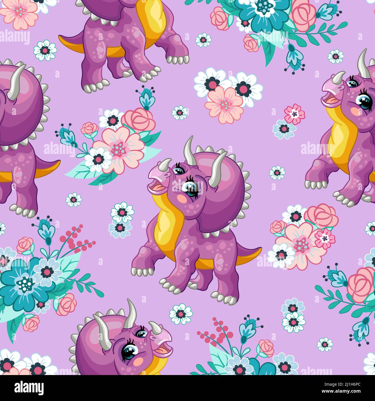 Tropisches nahtloses Muster mit freundlichen Triceratops und exotischen Blumen isoliert auf violettem Hintergrund. Cartoon-Vektorgrafik. Für Druck, Design, Stock Vektor
