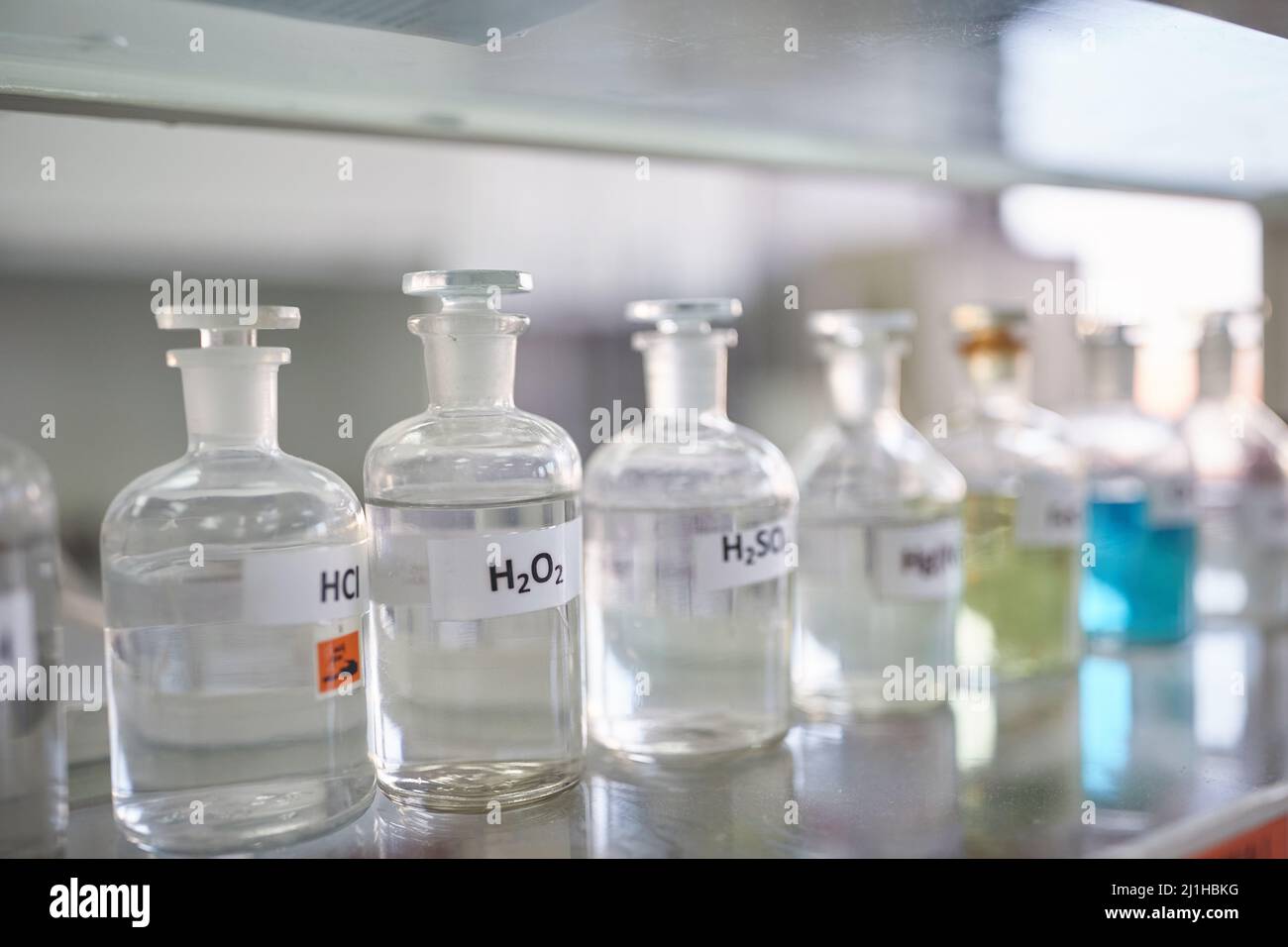 Chemikalienbehälter auf dem Regal in einer sterilen Laborumgebung. Chemie, Labor, Chemikalien Stockfoto