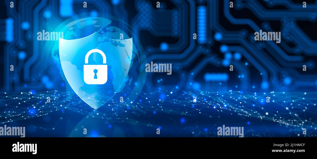 Schild mit Vorhängeschloss-Symbol auf Leiterplatte und Netzwerkdrahtrahmen mit Binärcode auf blauem Hintergrund, abstrakt. Cyber-Angriffsblock, Cyber-Daten. Stockfoto