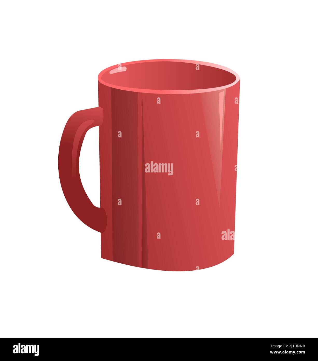 Einfarbiger roter Becher aus Steingut mit Griff für Tee, Kaffee und Getränke. Cartoon-Stil. Objekt auf weißem Hintergrund isoliert. Vektor. Stock Vektor