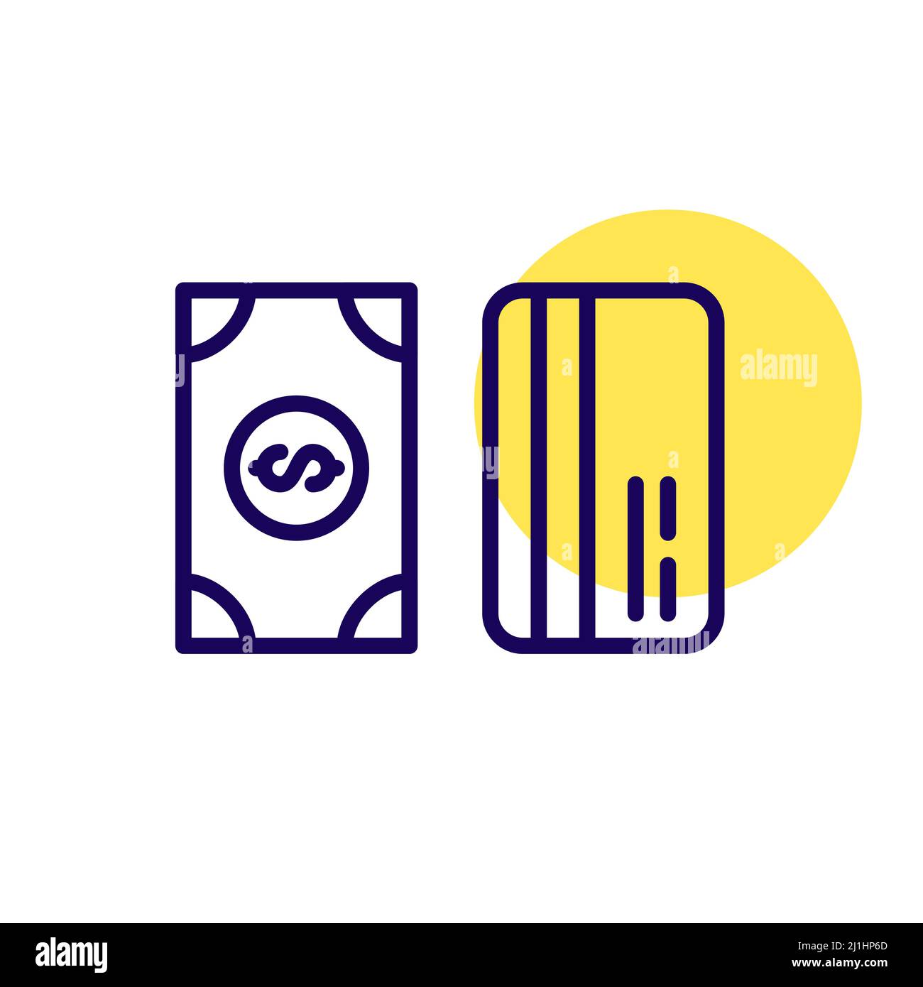 Dollar-Rechnung und Kreditkarte. Geldtransfers in bar und mit Karte. Zahlungsmethoden. Pixelgenaue, bearbeitbare Kontur Stock Vektor