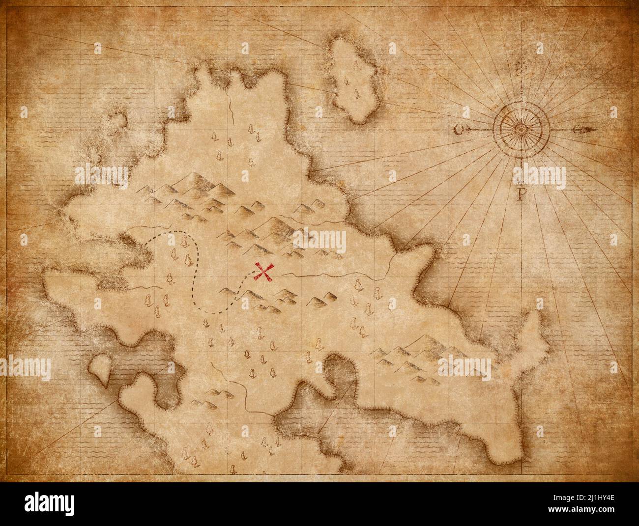 Mittelalterliche nautische Piraten Karte mit versteckten Schätzen markieren Stockfoto