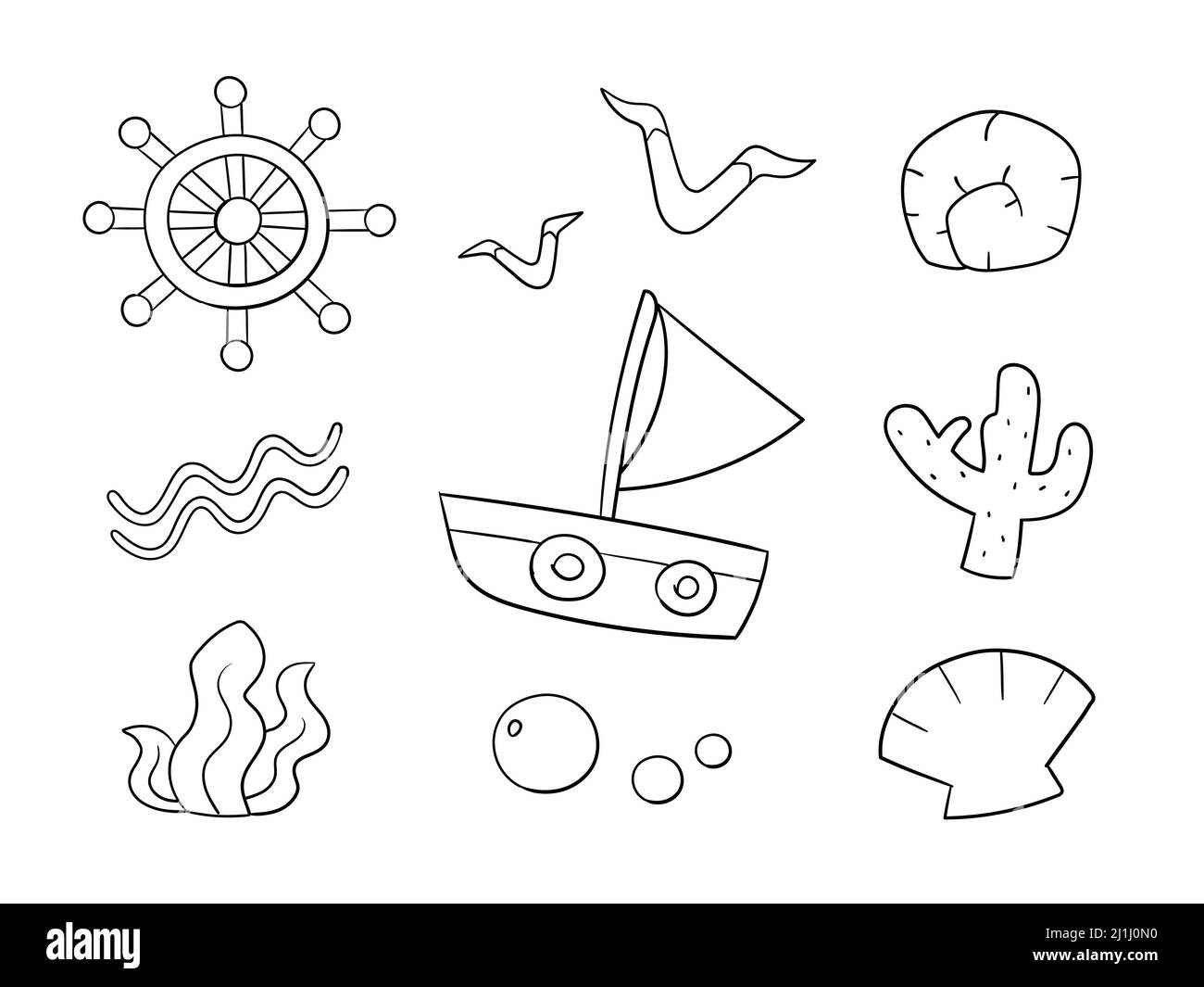 Doodle Set von Meeresobjekten auf weißem Hintergrund. Niedliche Doodle Linie Objekte für Kinder, die in kommerziellen Produkten und Waren verwenden können. Stock Vektor