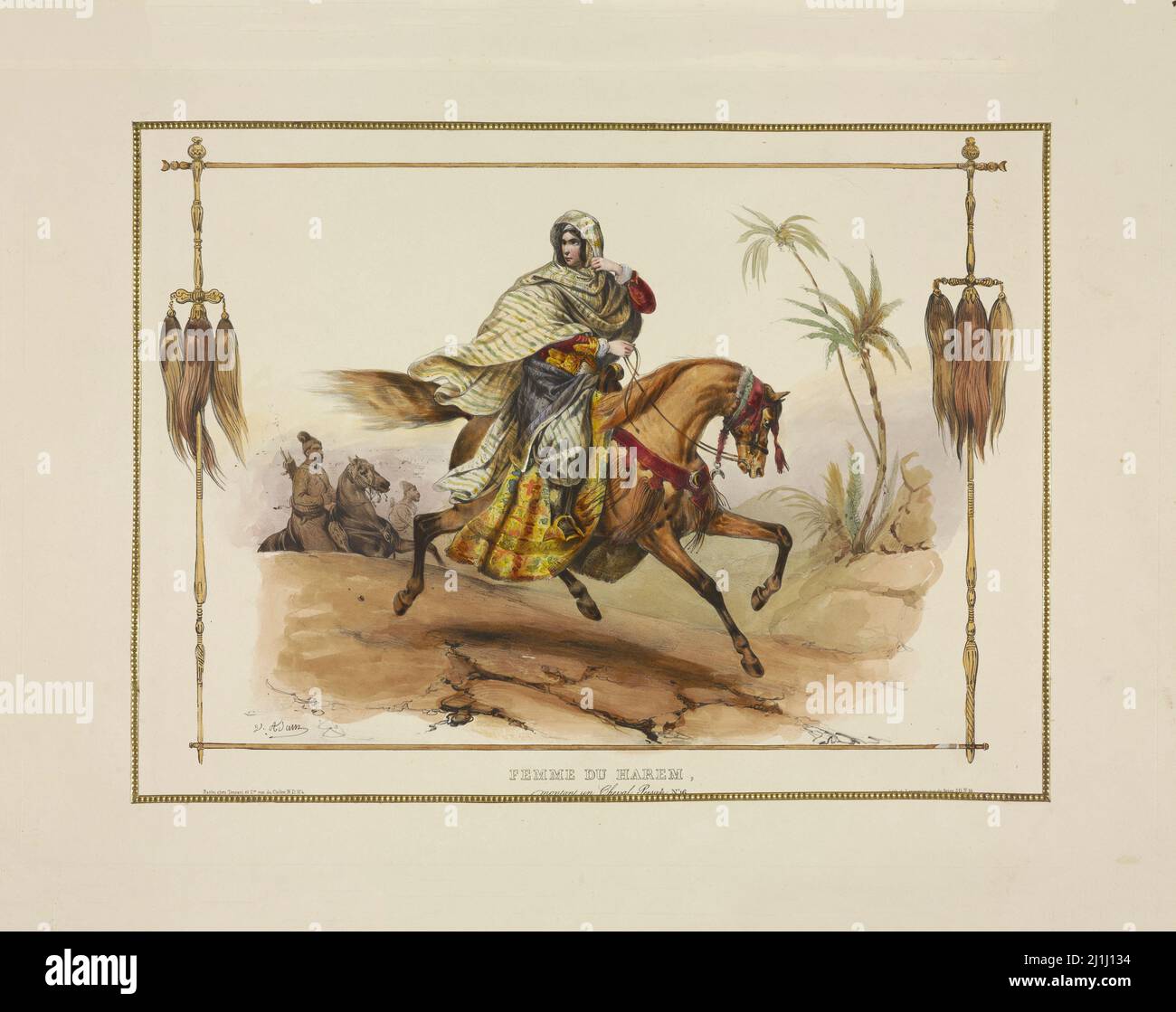 Lithographie von Pferden und Reitern: Frau aus dem Harem, auf einem persischen Pferd. Von Jean Victor Adam ( Lithograph, 1801 – 1866). Frankreich. 1835 Stockfoto