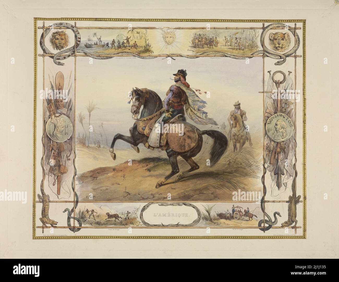Lithographie von Pferden und Reitern: Amerika. Von Jean Victor Adam ( Lithograph, 1801 – 1866). Frankreich. 1835 Stockfoto