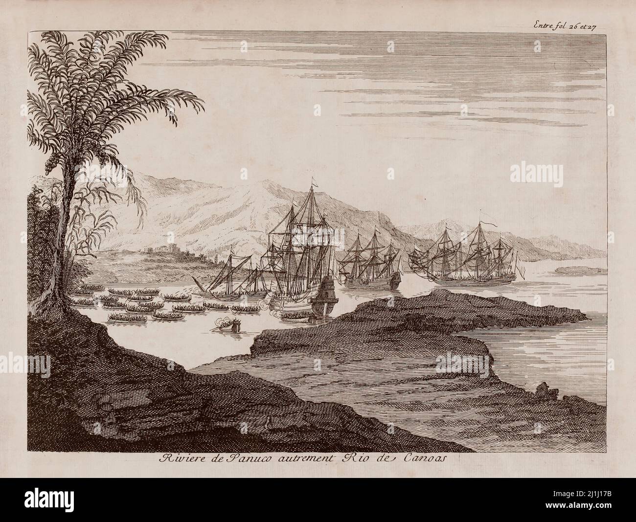 Stich aus dem 17.. Jahrhundert des Flusses Pánuco, Rio de Canoas. Von Antonio de Solis (1610-1686). Aus der Geschichte der Eroberung Mexikos oder des Neuen Spaniens. 1691 Stockfoto