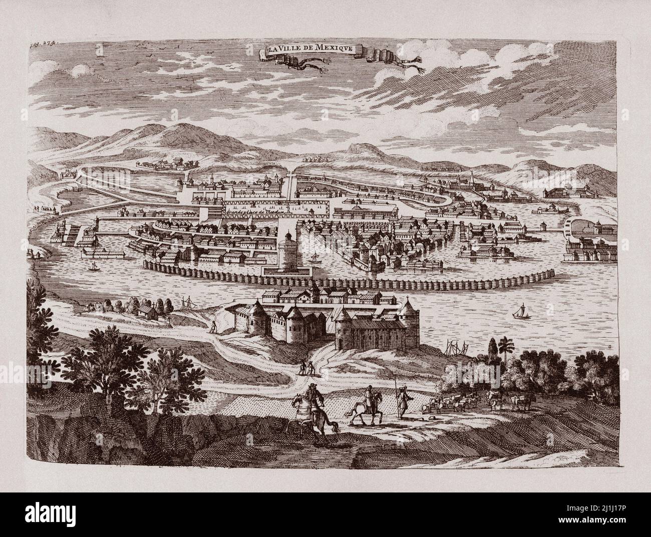 Stich aus dem 17.. Jahrhundert der Stadt Mexiko. Von Antonio de Solis (1610-1686). Aus der Geschichte der Eroberung Mexikos oder des Neuen Spaniens. 1691 Stockfoto
