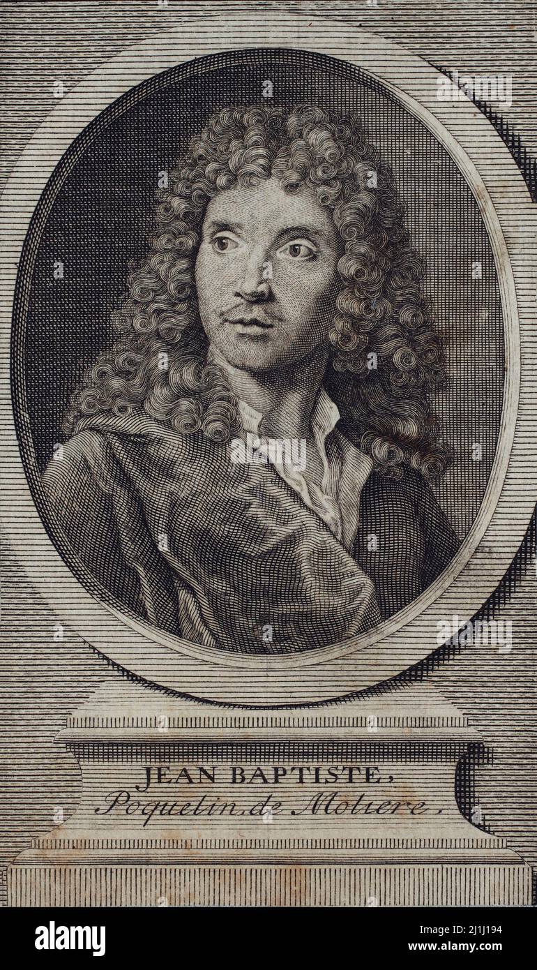 Gravurporträt von Jean Baptiste Poquelin de Moliere, 1660 Jean-Baptiste Poquelin (1622 – 1673), bekannt unter seinem Künstlernamen Molière war ein französischer Dramatiker Stockfoto