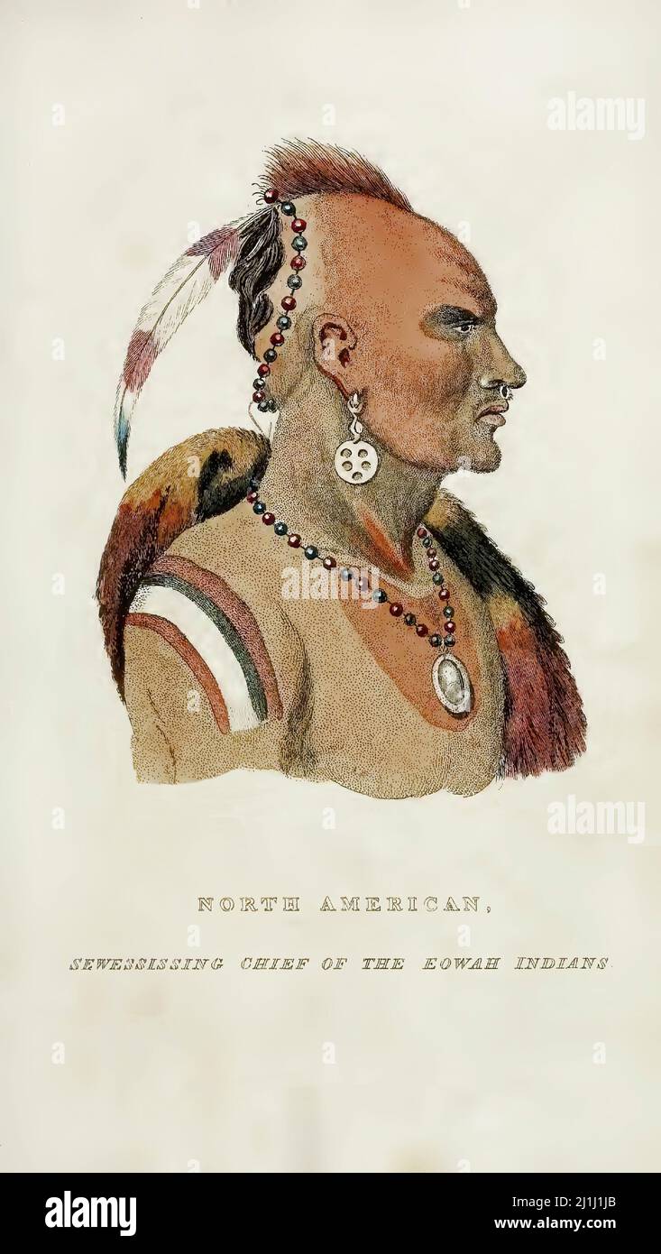 Vintage-Zeichnung des Chefs der Eowah-indianer. Bild aus dem 19.. Jahrhundert. Georges Cuvier. Jean Léopold Nicolas Frédéric, Baron Cuvier (1769 – 1832), bekannt Stockfoto