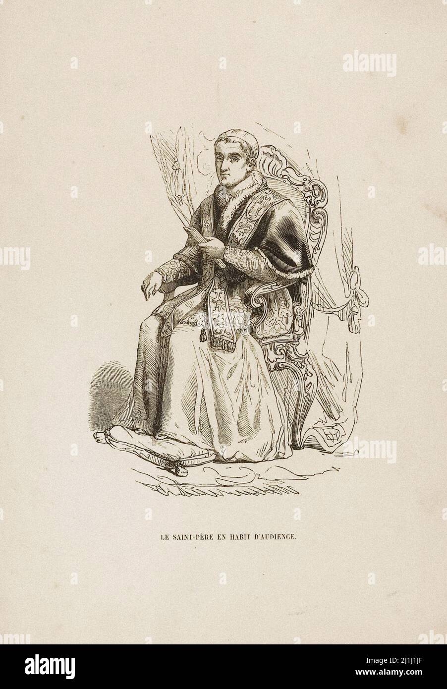 Lithographie des Heiligen Vaters aus dem 19.. Jahrhundert in der Audienz. Stockfoto