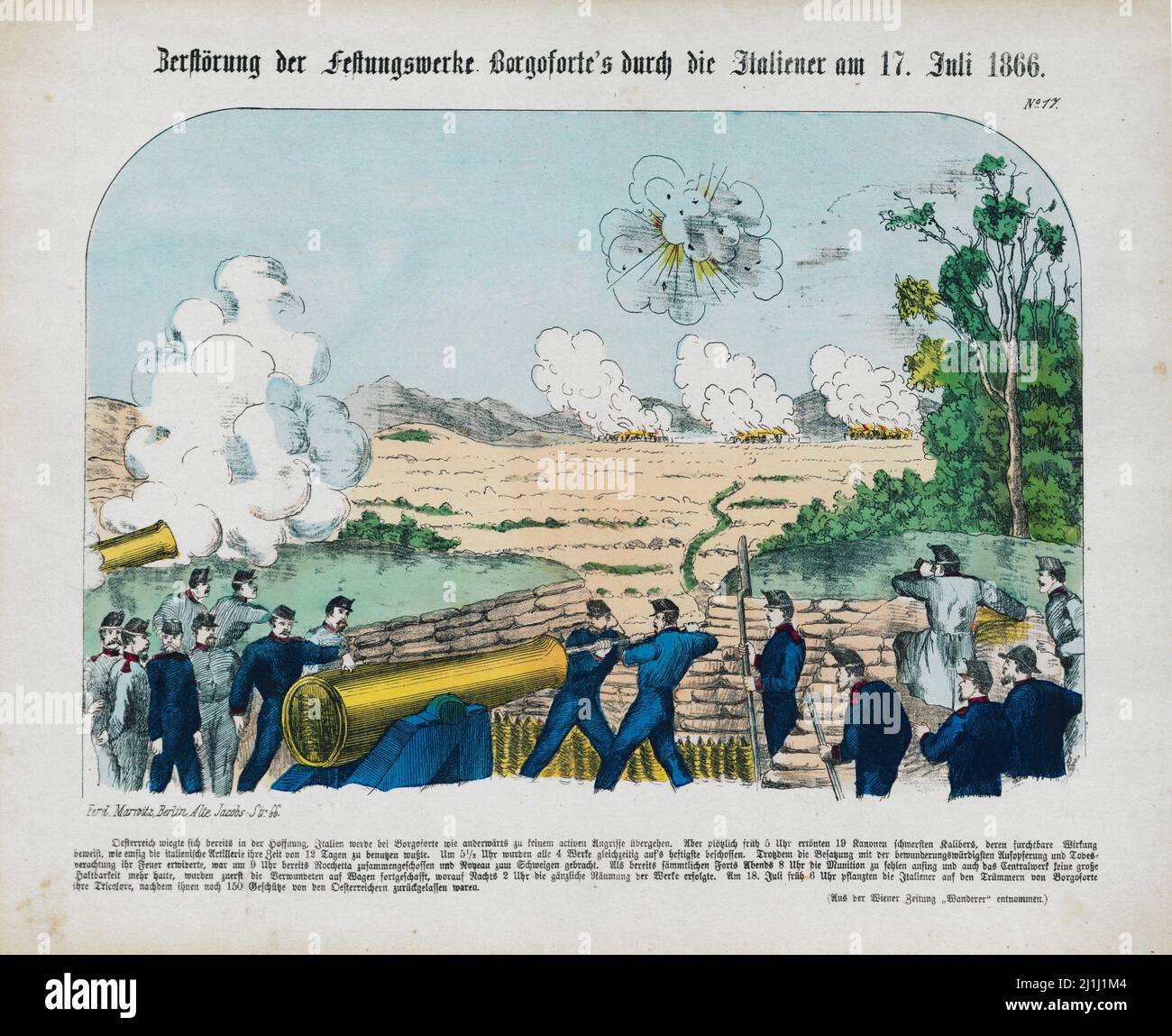 Lithographie der Zerstörung der Borgoforte-Festungen durch die Italiener am 17. Juli 1866 während des dritten italienischen Unabhängigkeitskrieges Stockfoto