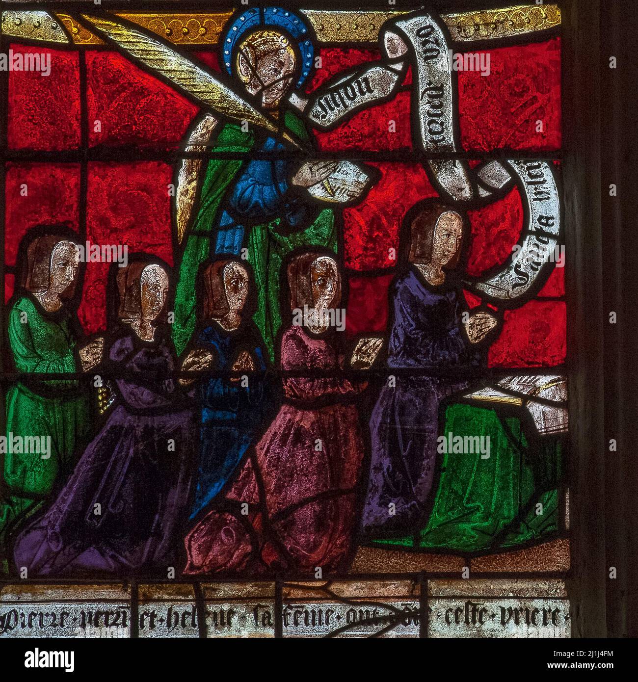 In Renaissance-Glasmalerei erhalten: Weibliche Mitglieder der französischen Familie aus dem 16.. Jahrhundert, die ein Fenster mit der Passion Christi im Église Saint-Rémi in Ceffonds, einem Dorf in der Haute-Marne in der Champagne, spendiert haben. Stockfoto