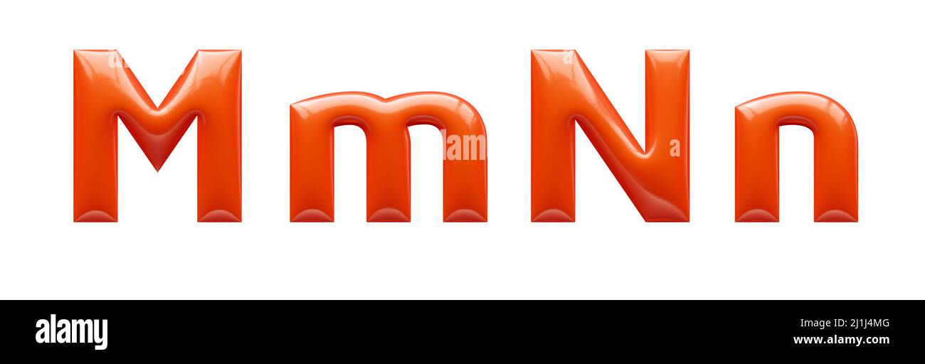 3D Alphabet, rote Plastikbuchstaben M N, Groß- und Kleinschreibung, 3D Rendering Stockfoto