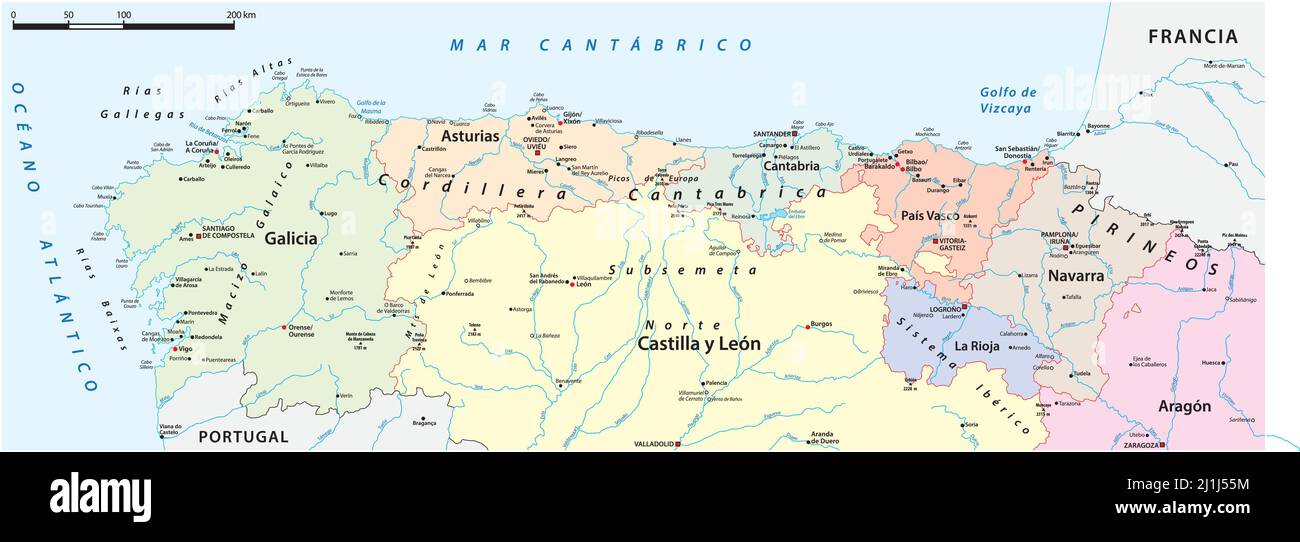 Detaillierte Vektorkarte der Provinzen im Norden Spaniens Stock Vektor