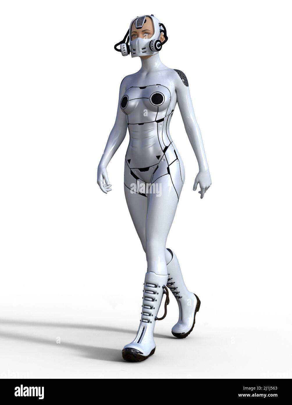 Robot Woman Walking, 3D Abbildung auf weißem Hintergrund Stockfoto
