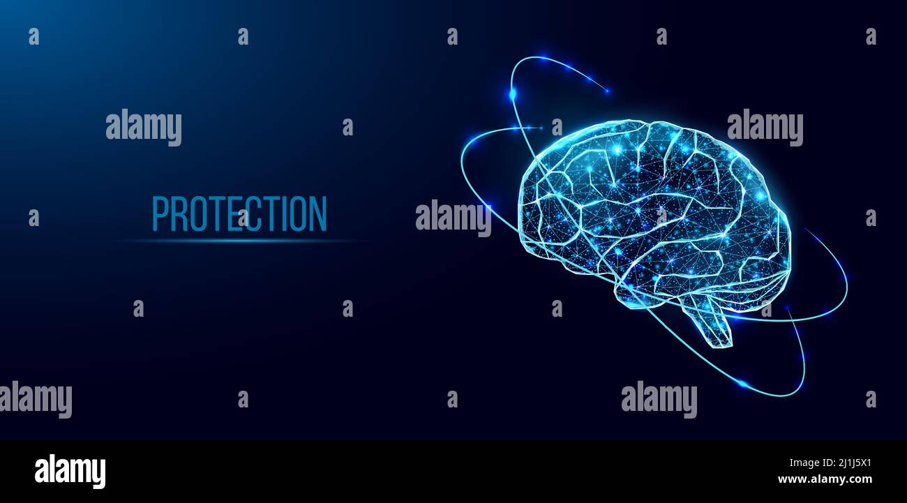 Menschliches Gehirn. Drahtmodell mit geringer Poly-Optik. Konzept für Medizin, Hirntumor, neuronales Netz. Abstrakte moderne 3D Vektor-Illustration auf dunkelblauem Hintergro Stock Vektor