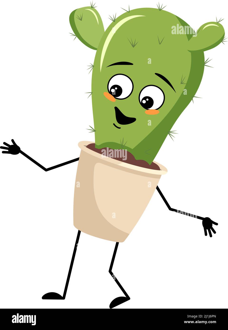 Niedlicher Kaktus-Charakter im Topf mit fröhlichen Emotionen, fröhlichem Gesicht, lächelnden Augen, Armen und Beinen. Zimmerpflanze mit witzigem Ausdruck. Vektorgrafik flach Stock Vektor