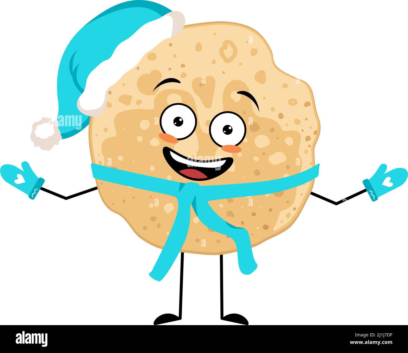 Pancake-Charakter in Weihnachtsmütze mit fröhlicher Emotion, freudigem Gesicht, lächelnden Augen, Armen und Beinen. Backende Person, hausgemachtes Gebäck mit lustigen Ausdruck. Essen Emoticon für Weihnachten oder Maslenitsa Stock Vektor