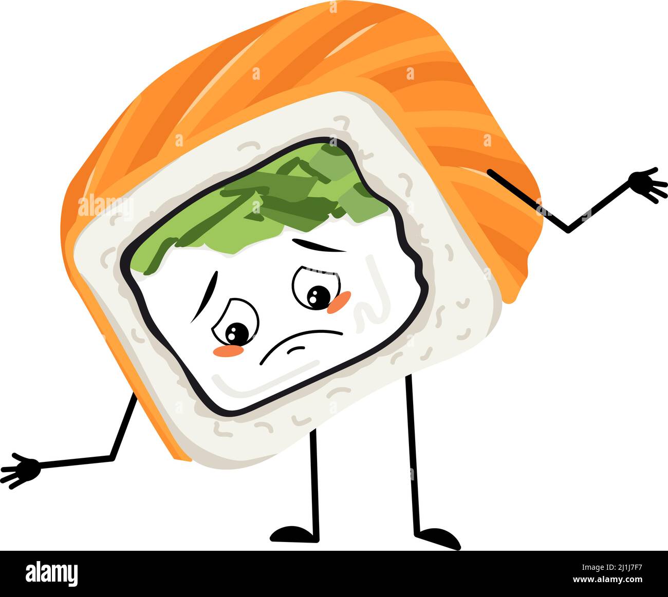 Sushi-Charakter mit traurigen Emotionen, deprimiertem Gesicht, Augen, Armen und Beinen. Person mit melodischem Ausdruck, asiatischem Essensemoticon. Vektorgrafik flach Stock Vektor