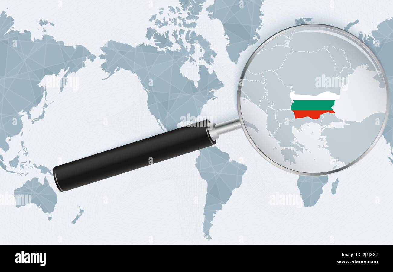 Vergrößerte Karte von Bulgarien auf der Amerika-zentrierten Weltkarte. Vergrößerte Landkarte und Flagge Bulgariens. Vektorvorlage. Stock Vektor