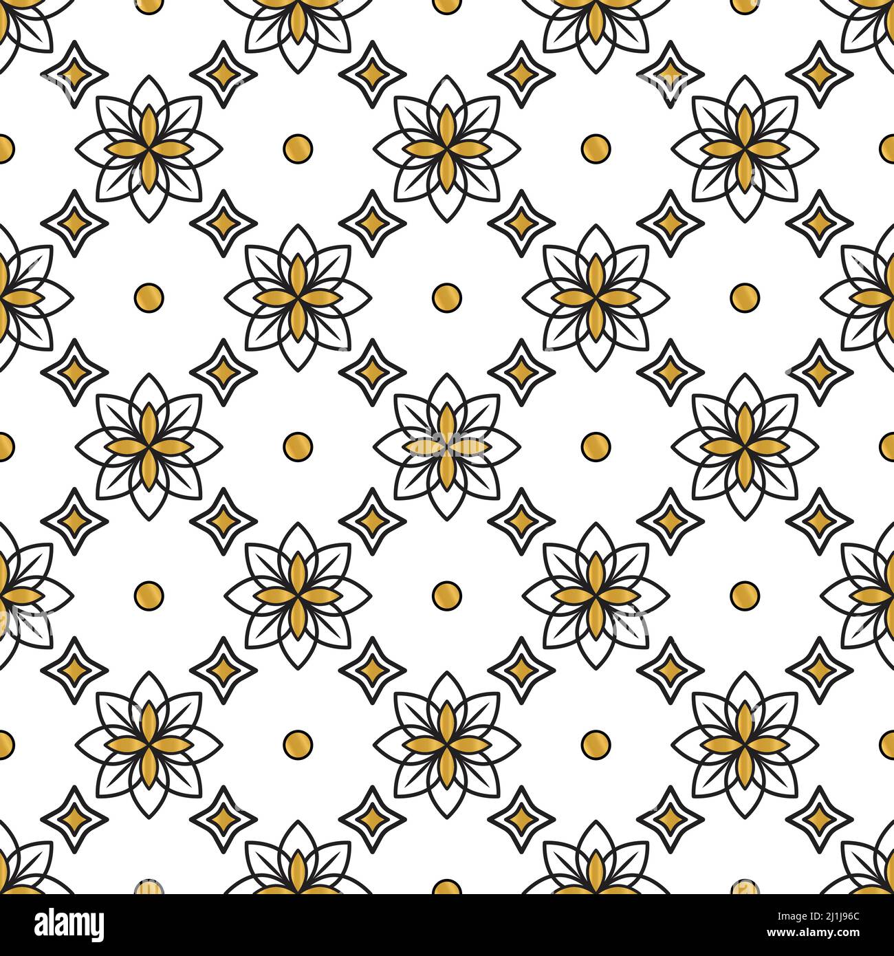 Nahtloses symmetrisches Vektor-Muster mit geometrischem Schwarz und goldenem Blumenmuster auf transparentem Hintergrund. Abstrakte Blumen und geometrische Elemente. Stock Vektor