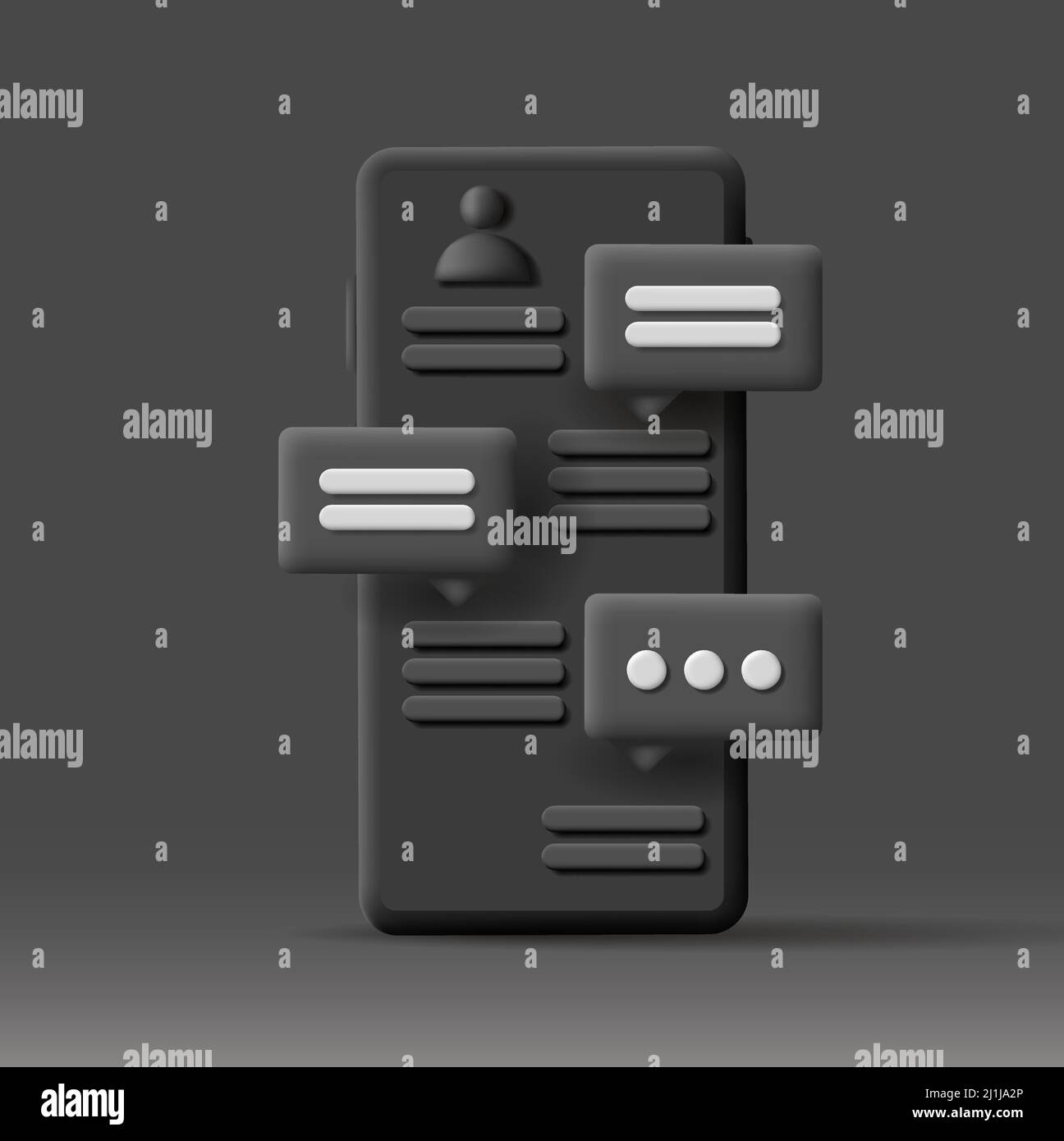 3D schwarze Renderstil-Illustration eines Smartphones mit Messeggen Pop vom Bildschirm Stock Vektor