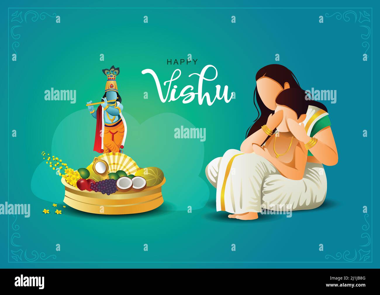 Alles gute für Vishu. April 14 Kerala Festival mit Vishu Kani, vishu Blume Früchte und Gemüse in einem Bronzegefäß. vektor-Illustration Design (Ma Stock Vektor