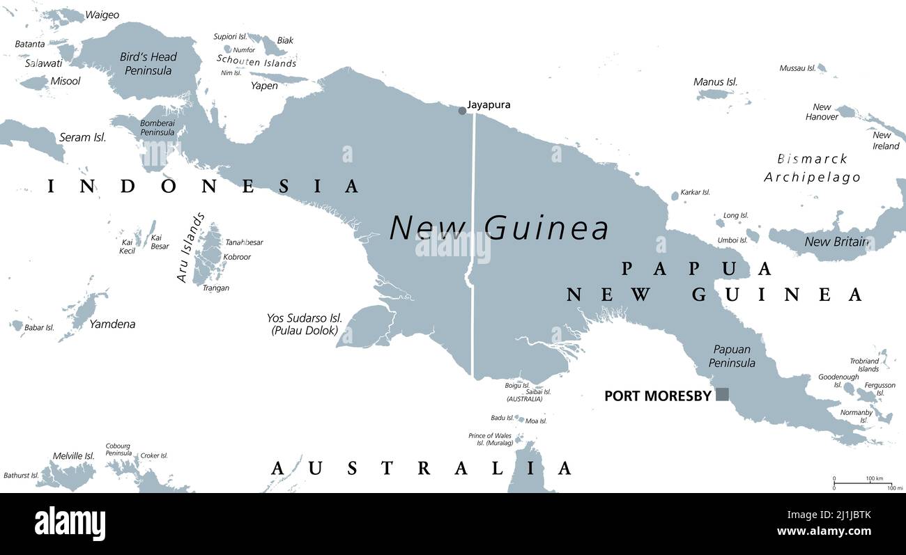 Graue politische Landkarte von Neuguinea. 2. größte Insel der Welt im Südpazifik. Die östliche Hälfte ist die Hauptlandmasse von Papua-Neuguinea. Stockfoto