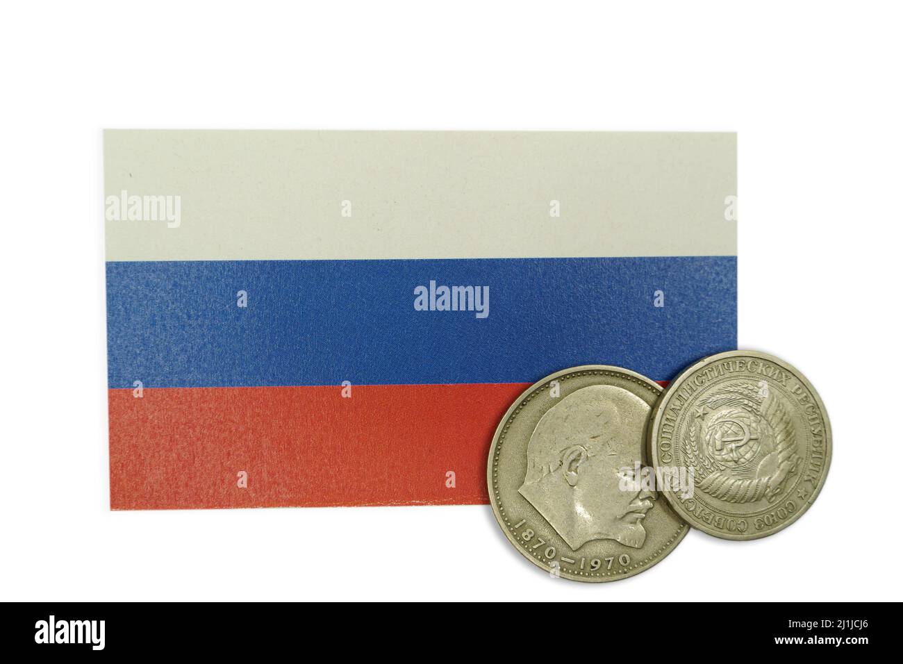 Gedenkmünze der UdSSR oder CCCP 1 Rubel Lenin-Münze über einer russischen Föderationsflagge Stockfoto