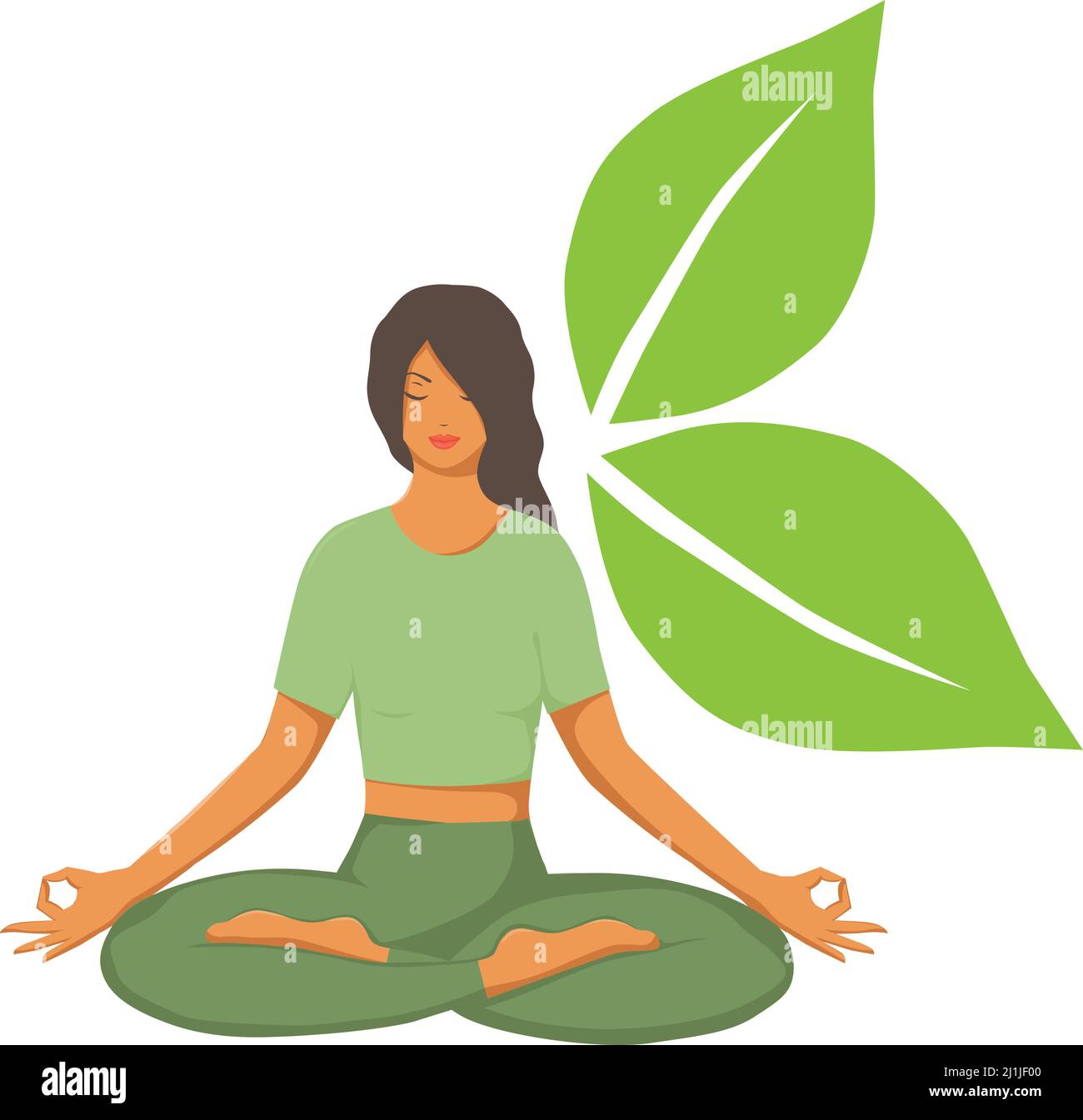 Frau in Yogapose und grünen Blättern Stock Vektor