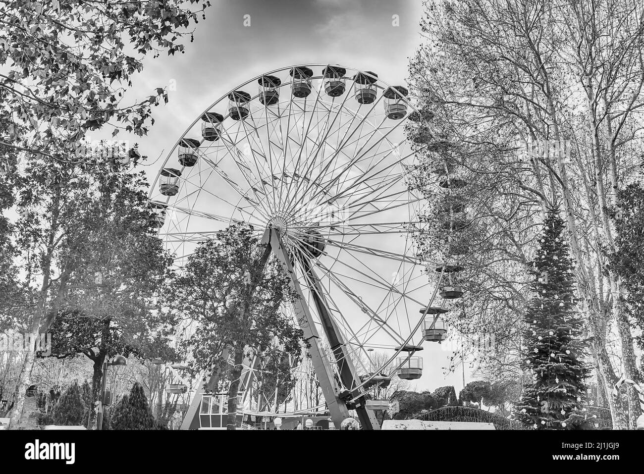 Riesenrad von Bäumen in einem Amusement Park umgeben. Stockfoto