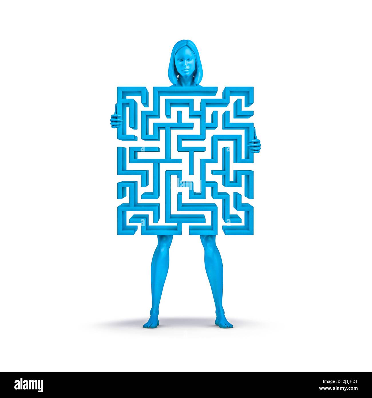 Maze Frau blau - 3D Illustration der weiblichen Figur hält Labyrinth, das ihren Körper isoliert auf weißem Studio Hintergrund bildet Stockfoto