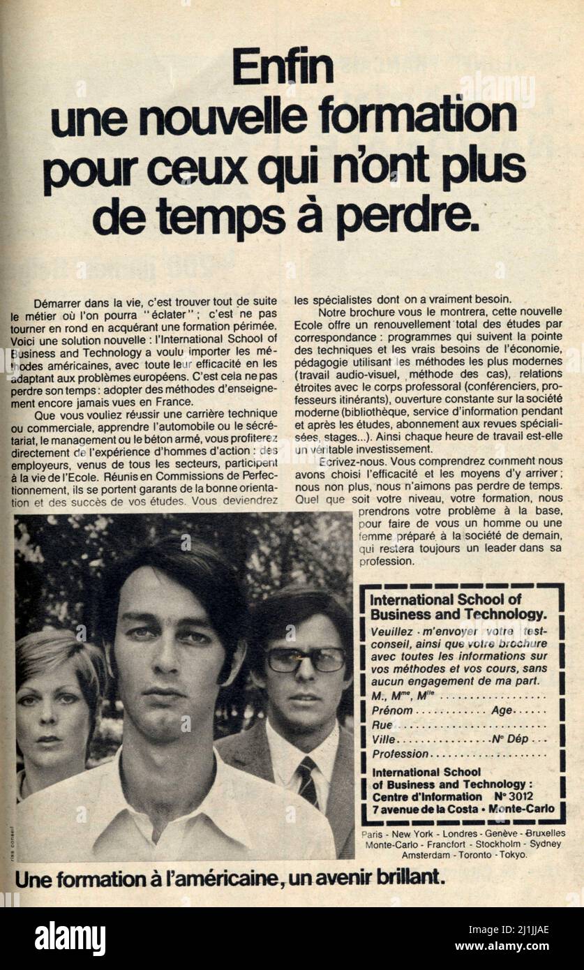 Publicité ancienne Enfin une nouvelle Formation pour ceux qui n'ont plus de temps à perdre. 1969 Stockfoto Publicité ancienne Enfin une nouvelle Formation pour ceux qui n'ont plus de temps à perdre. 1969 Stockfoto
