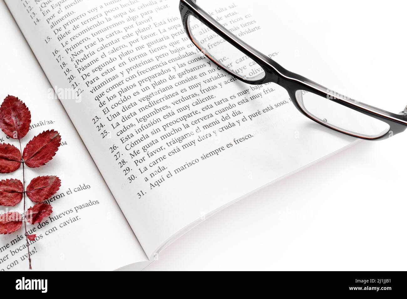 Moskau, Russland, 19. April 2019:ein offenes Spanisch-Selbsthilfe-Lehrbuch mit einem Lesezeichen aus trockenen roten Herbstblättern und schwarz umrandenen Gläsern auf der Seite Stockfoto