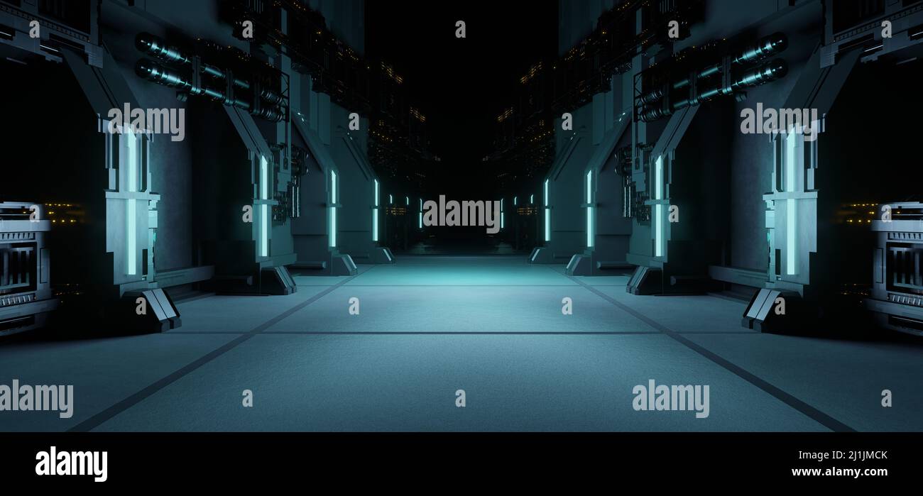 Metallisch Oder Beton Cyberpunk Space Hintergrund Alien Tunnel Ship Corridor Underground Laser Awesome Dark Blue Farben Abstrakt Hintergrund Surreal Futu Stockfoto