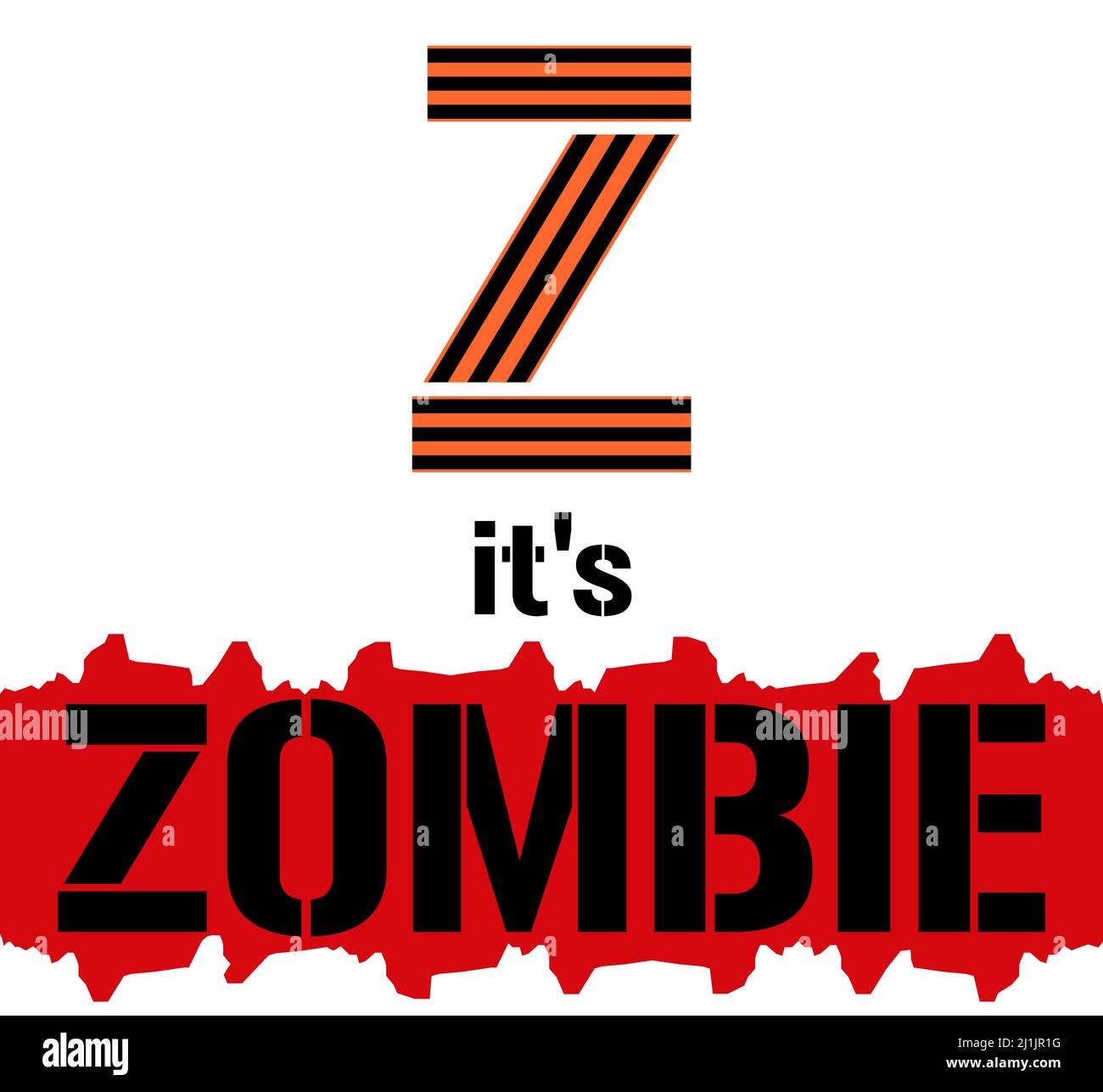 Z Es ist Zombie-Vektor-Illustration. Buchstabe z aus der george-Farbbandfarbe und Zombie-Text im Blutshintergrund. Russischer Slogan 2022. Krieg Russland und Ukra Stock Vektor