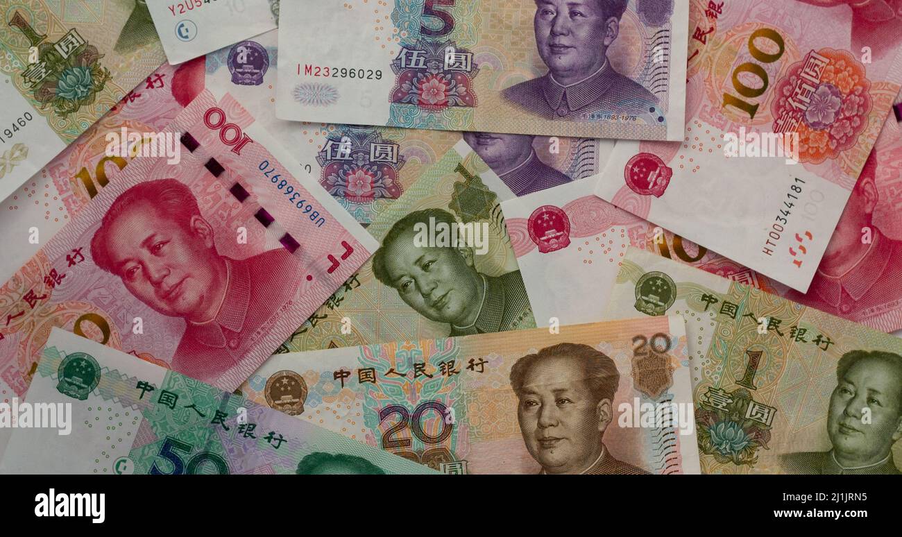 Yuan-Banknoten, Papiergeld. Währung der Bank of China. Stockfoto