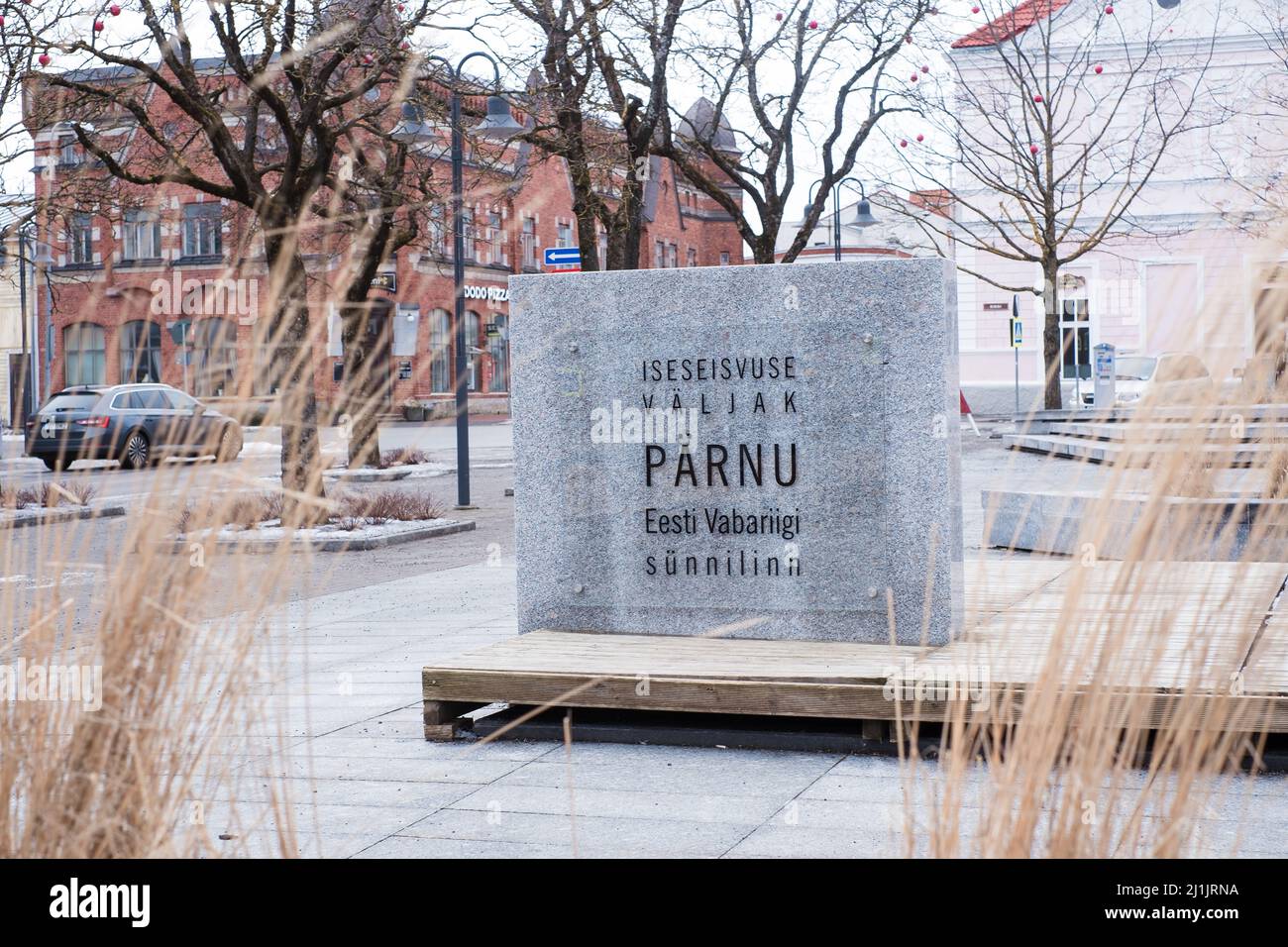 Pärnu Independence Square. Ort, an dem die Unabhängigkeit der Republik Estland am 23. Februar 1918 zum ersten Mal ausgerufen wurde Stockfoto